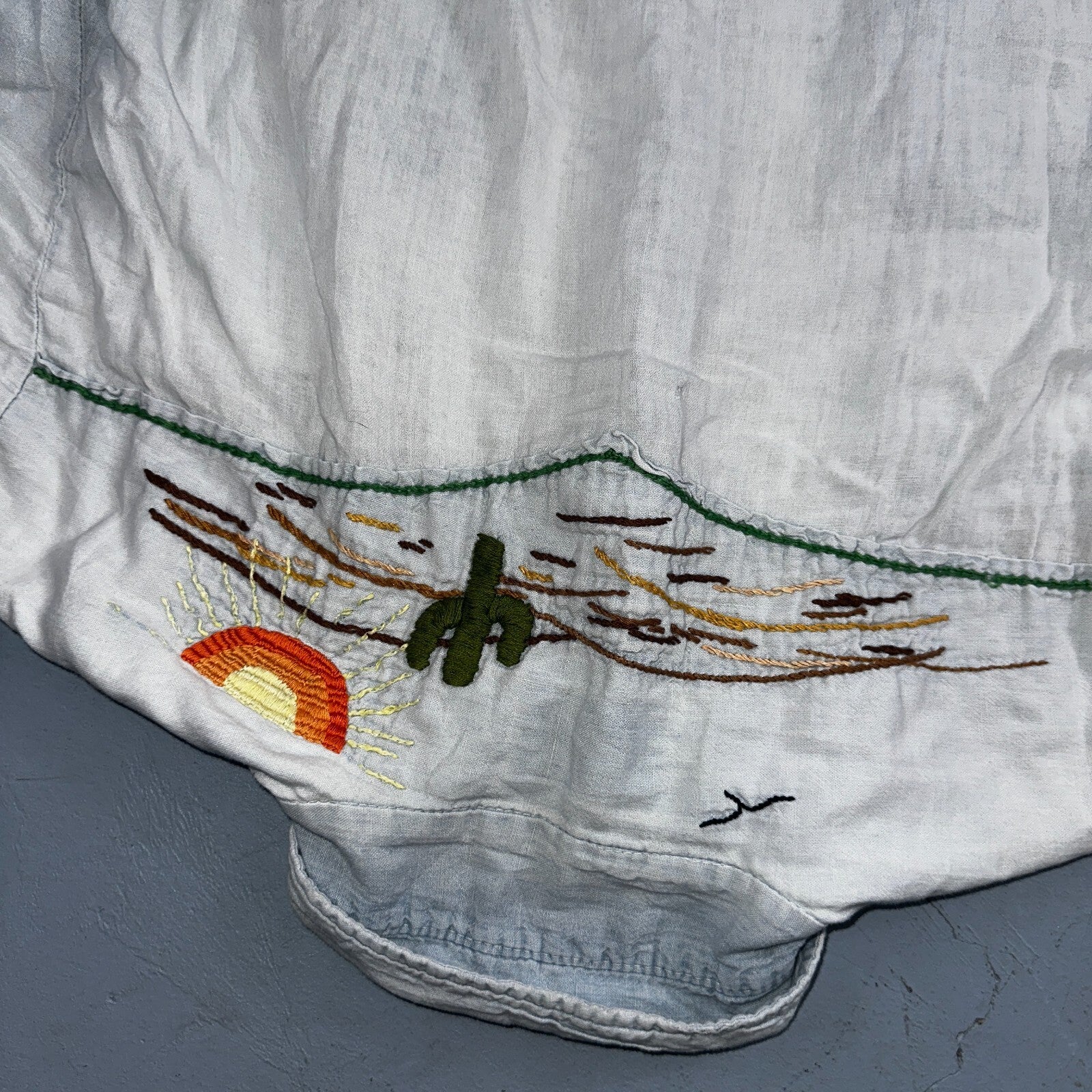 Vintage 70s Kmart Chambray Western Men’s Shirt Size L Embroidery Thrashed Rare