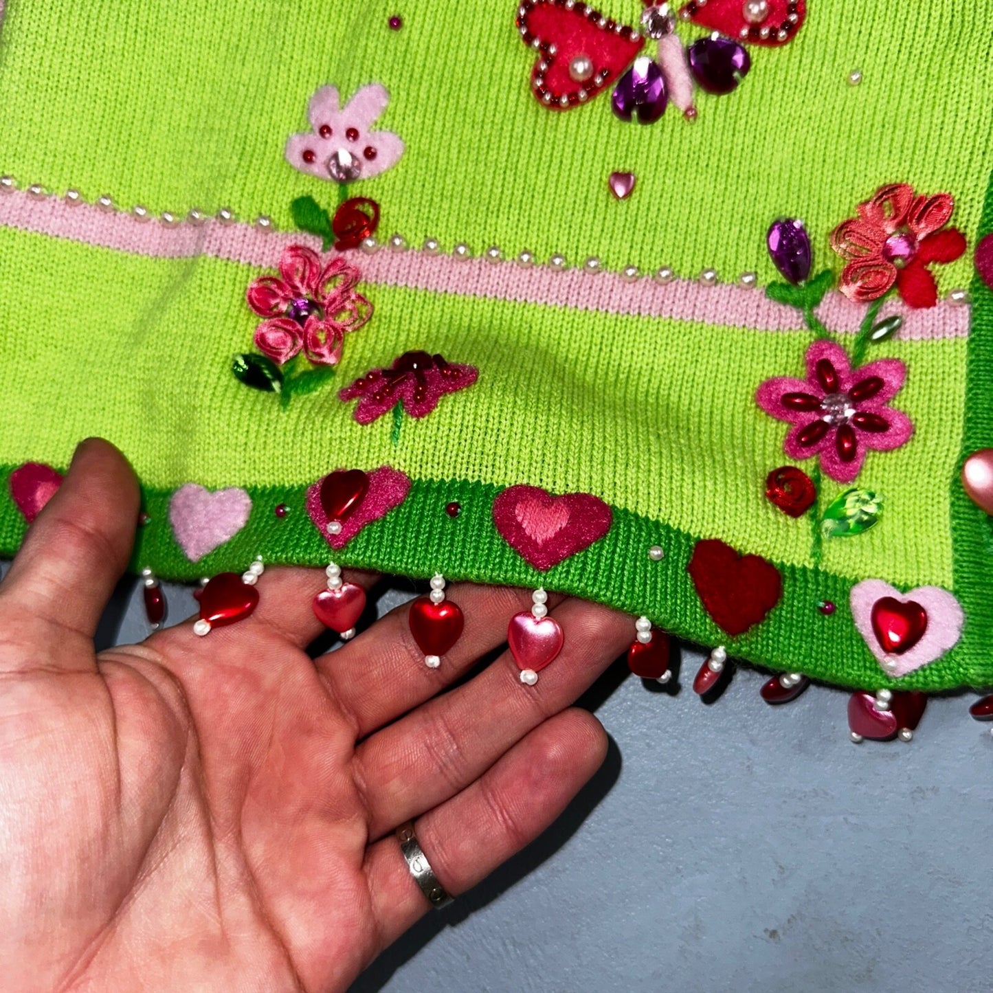 Michael Simon VTG 2000 Dragonfly Hearts Cardigan Sweater Green Valentines Day