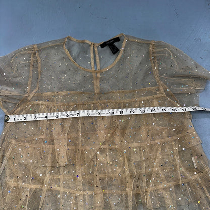 Forever 21 Womens Sheer Neutral Ruffled Short Sleeve Top Sz M