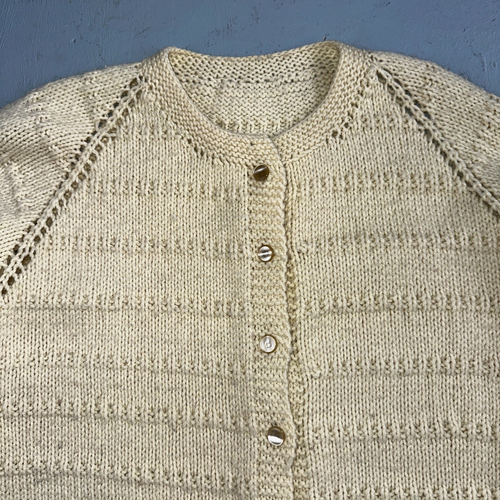 1970s VTG Sweater Cable Knit 70s 80s Ivory Off White Warm Grandma Core Button Up