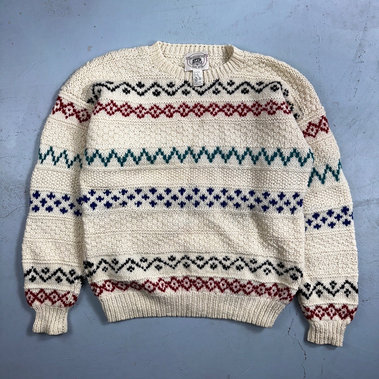 John Ashford VTG 80s Sweater Mens L Cream Multi Wool Fair Isle Hand Knit Crew