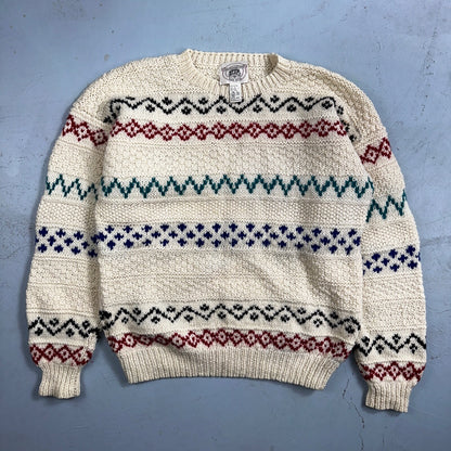 John Ashford VTG 80s Sweater Mens L Cream Multi Wool Fair Isle Hand Knit Crew