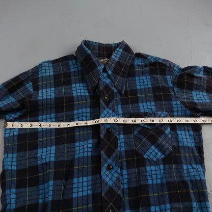 VTG 1970s Men's L Blue Flannel Shirt Black Ribbed Ricky Monzini USA Rockabilly