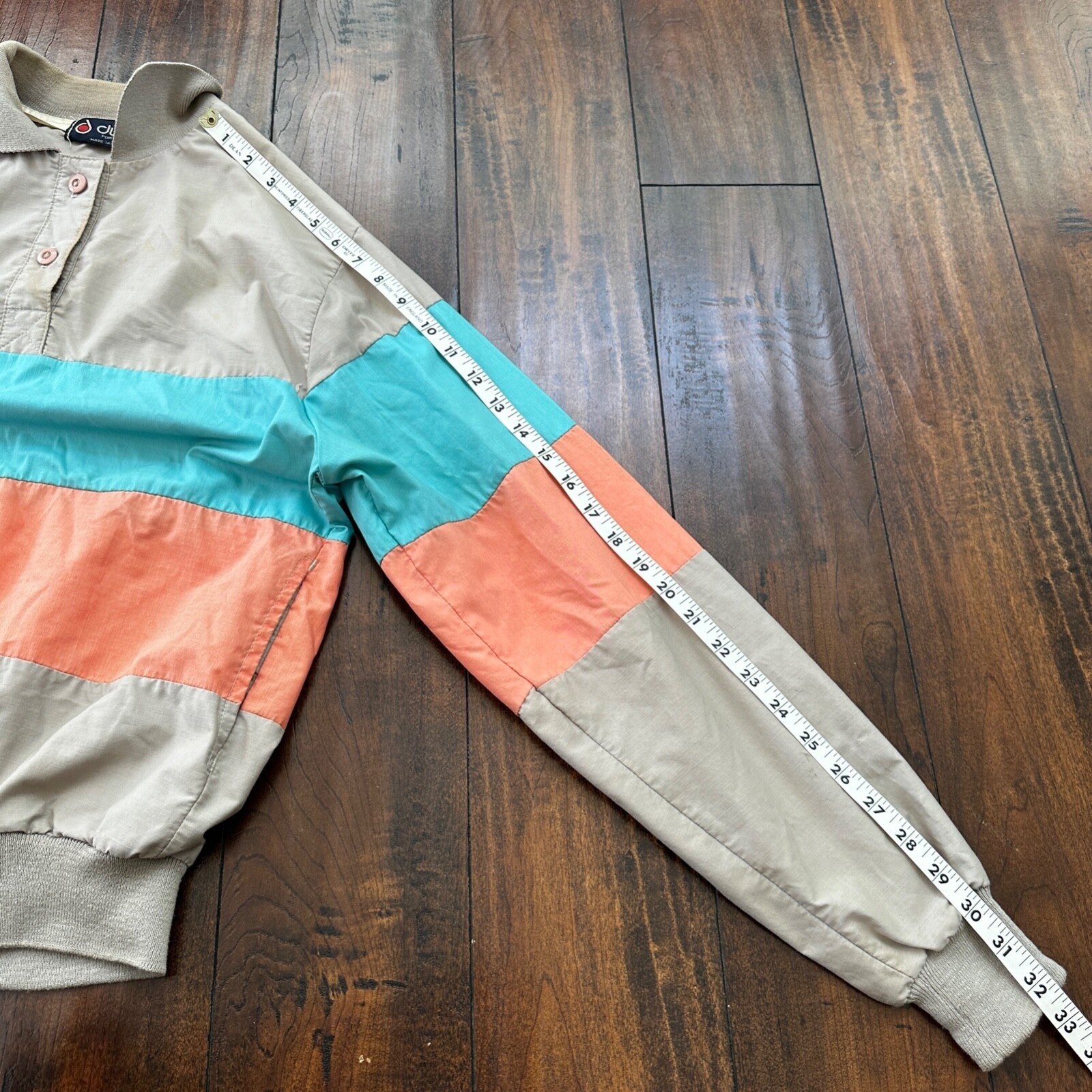 VTG 80s Duffel Pink Blue Strip Collared Pullover Windbreaker Womens L Colorblock