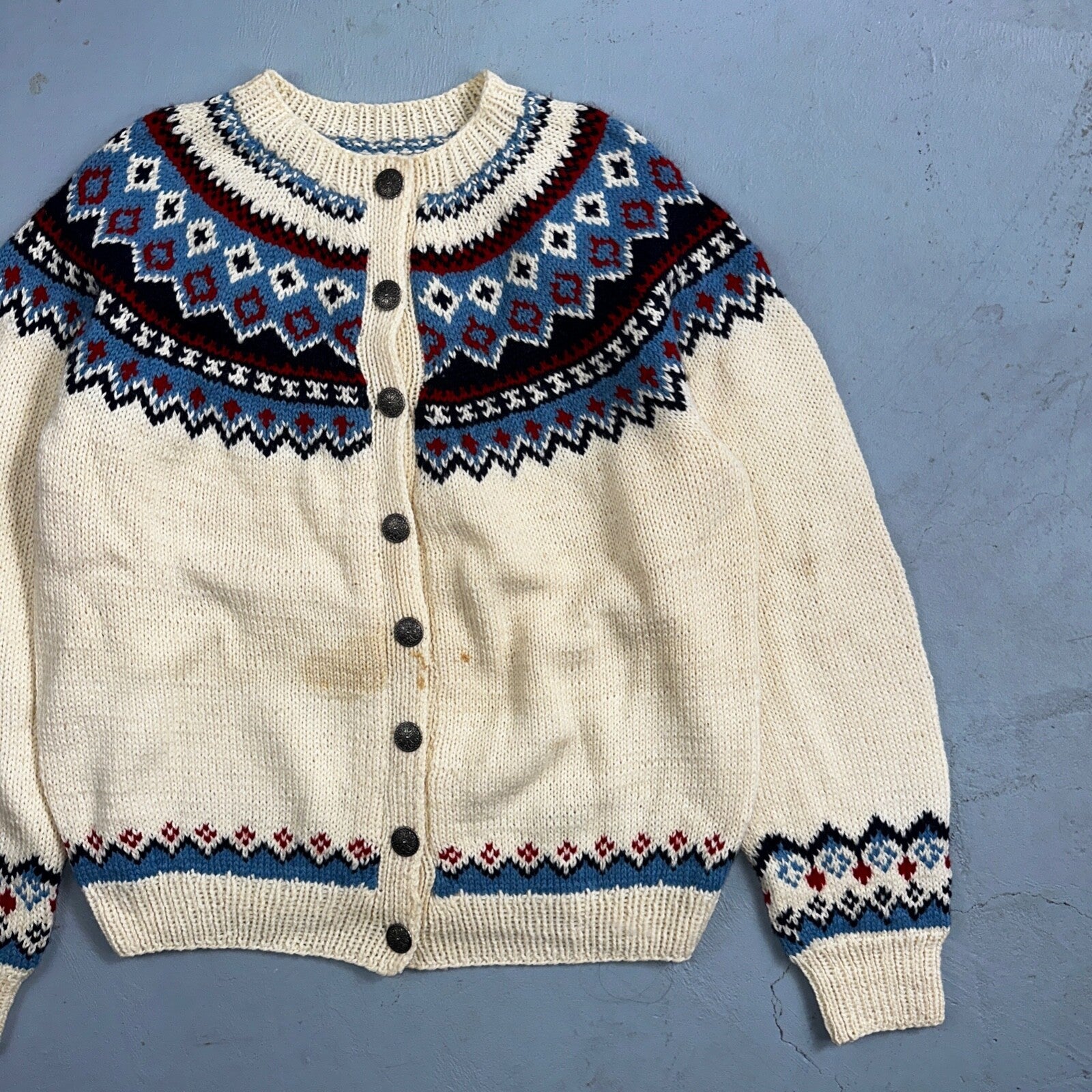 1960s VTG Boho Icelandic Knit Cardigan Large Ivory Red Wool Chunky Grandma Core