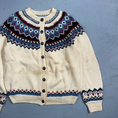 1960s VTG Boho Icelandic Knit Cardigan Large Ivory Red Wool Chunky Grandma Core