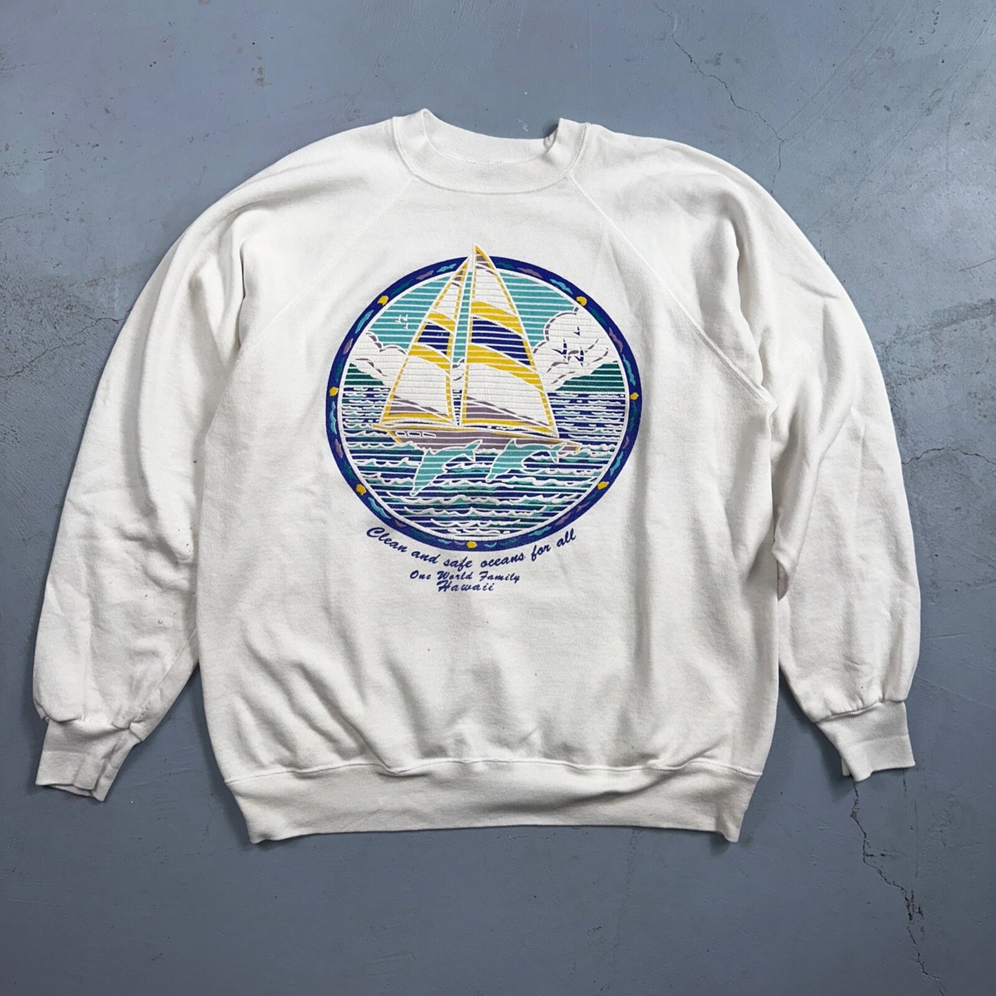 Ocean Keep Clean Hawaii Sail Boat VTG 80s Crewneck Sweatshirt White Earth Peace