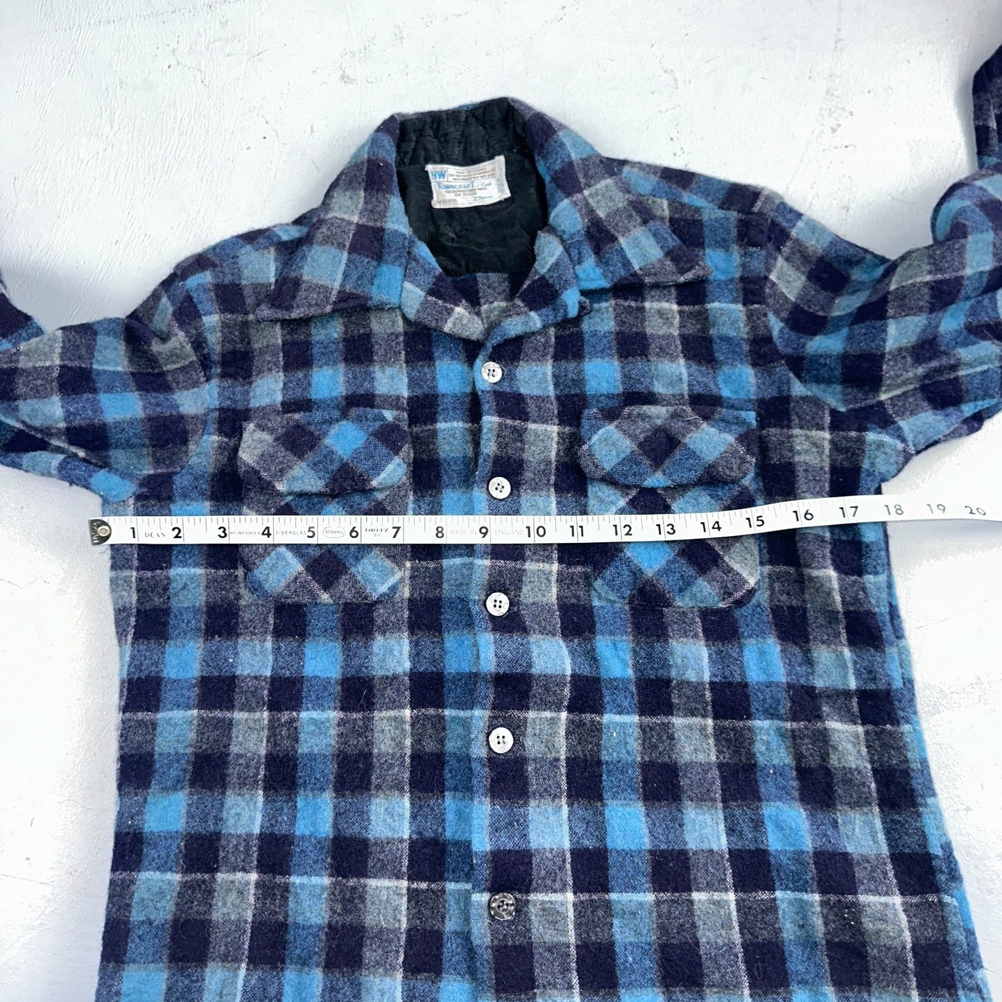 Vintage 60s 70s Towncraft Wool Flannel Blend Button Up Shirt Penneys M Blue