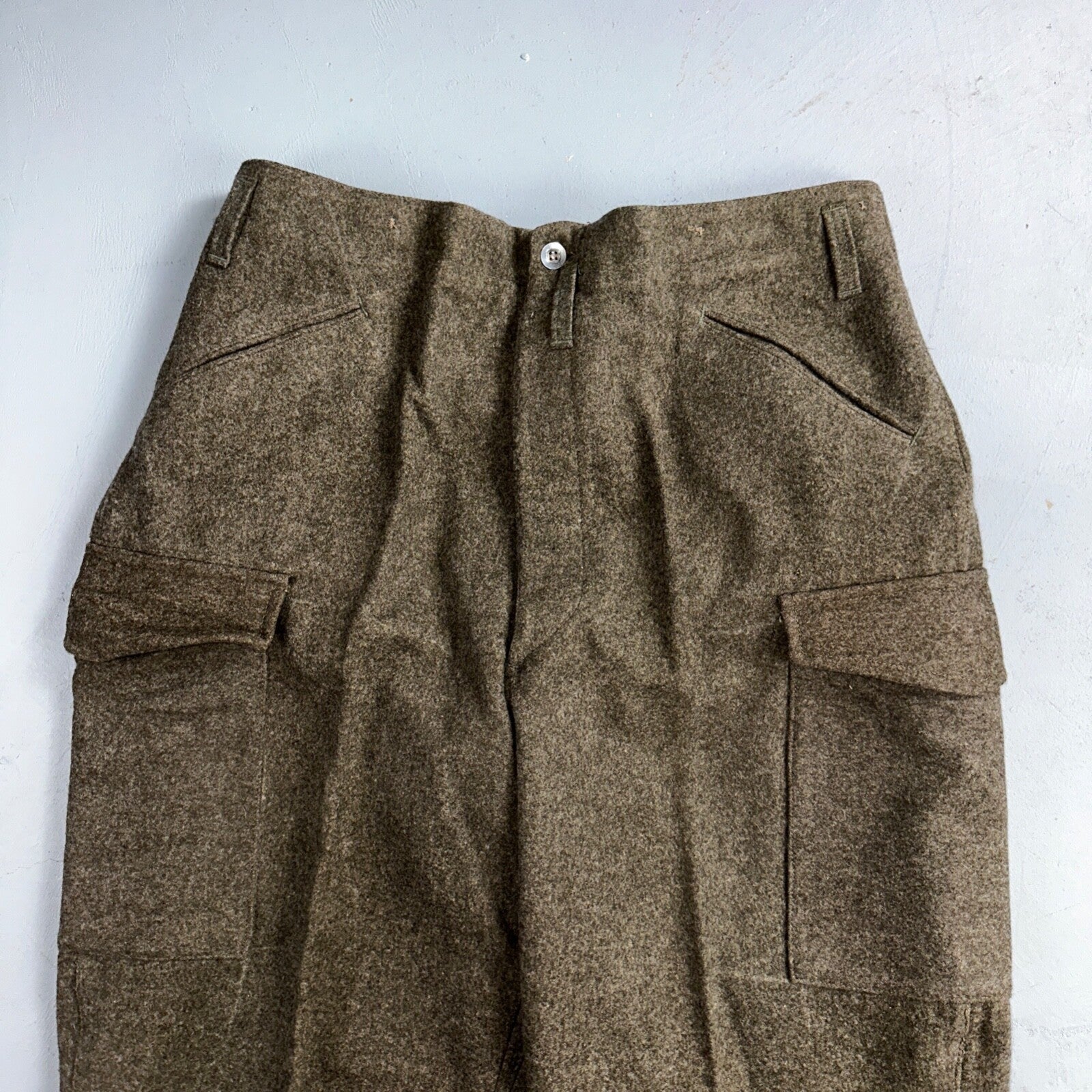 Vintage 1940s Swedish Army Wool Cargo Heavy Pants WWII Leather Straps 35x32