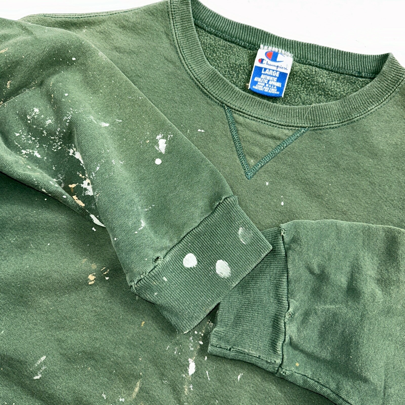 Champion 90s USA Sweatshirt VTG Crewneck Green Thrashed Paint Stained Large