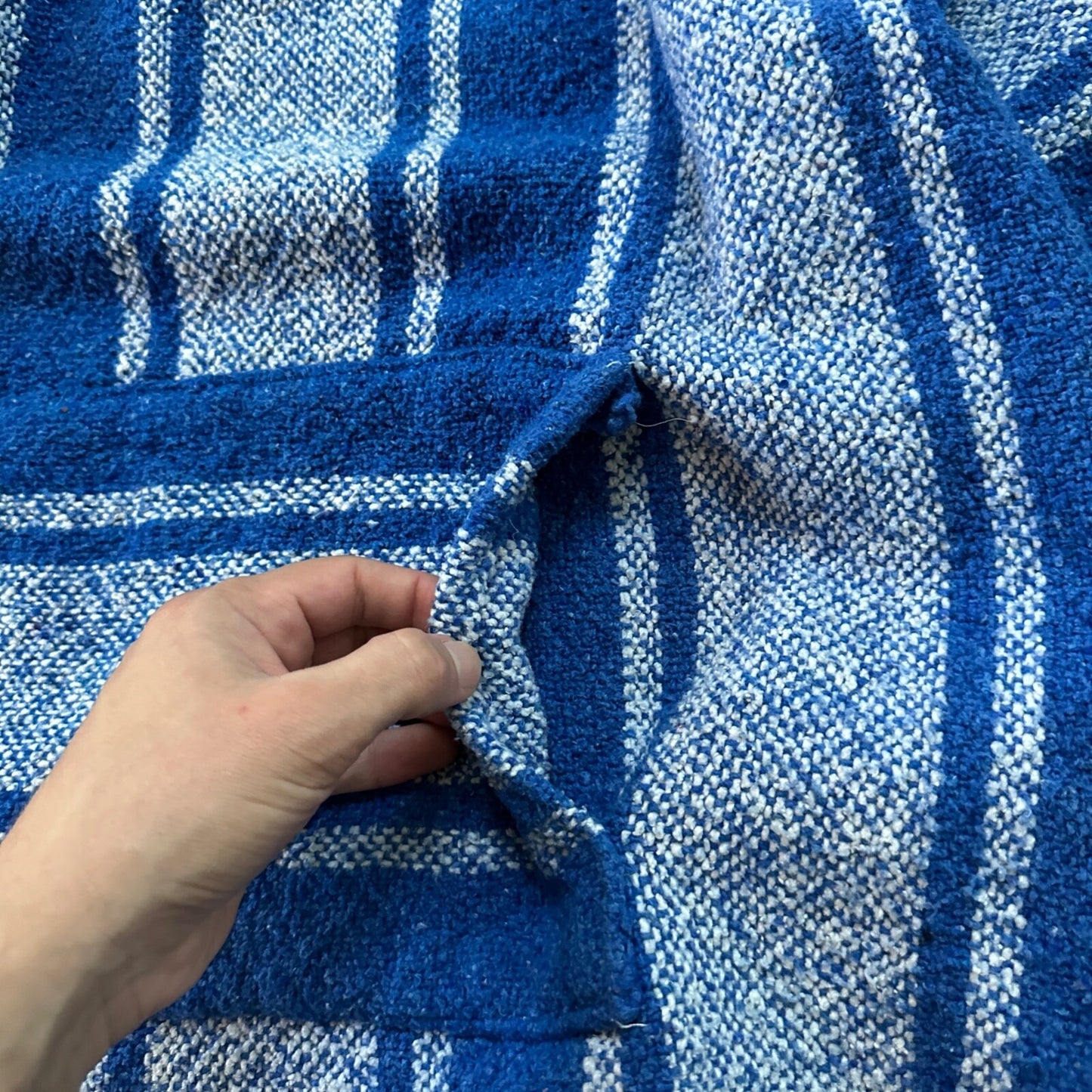VTG Mexican Poncho Baja Hoodie Surfer Skater Drug Rug Pullover Blue White L
