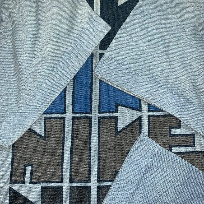 Vintage Nike T Shirt USA Rare Thrashed Blue Travis Block Print Quad Pinwheel 70s