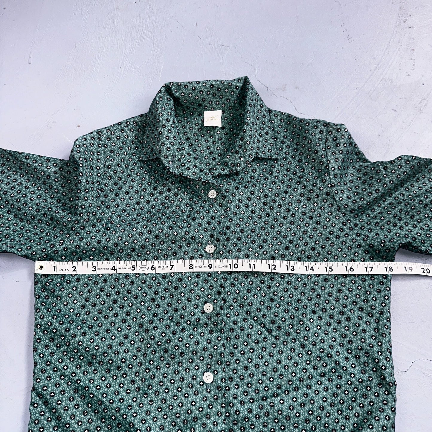 VTG 60s Jantzen Womens Top 12 Green Button Long Sleeve Shirt Flowers USA