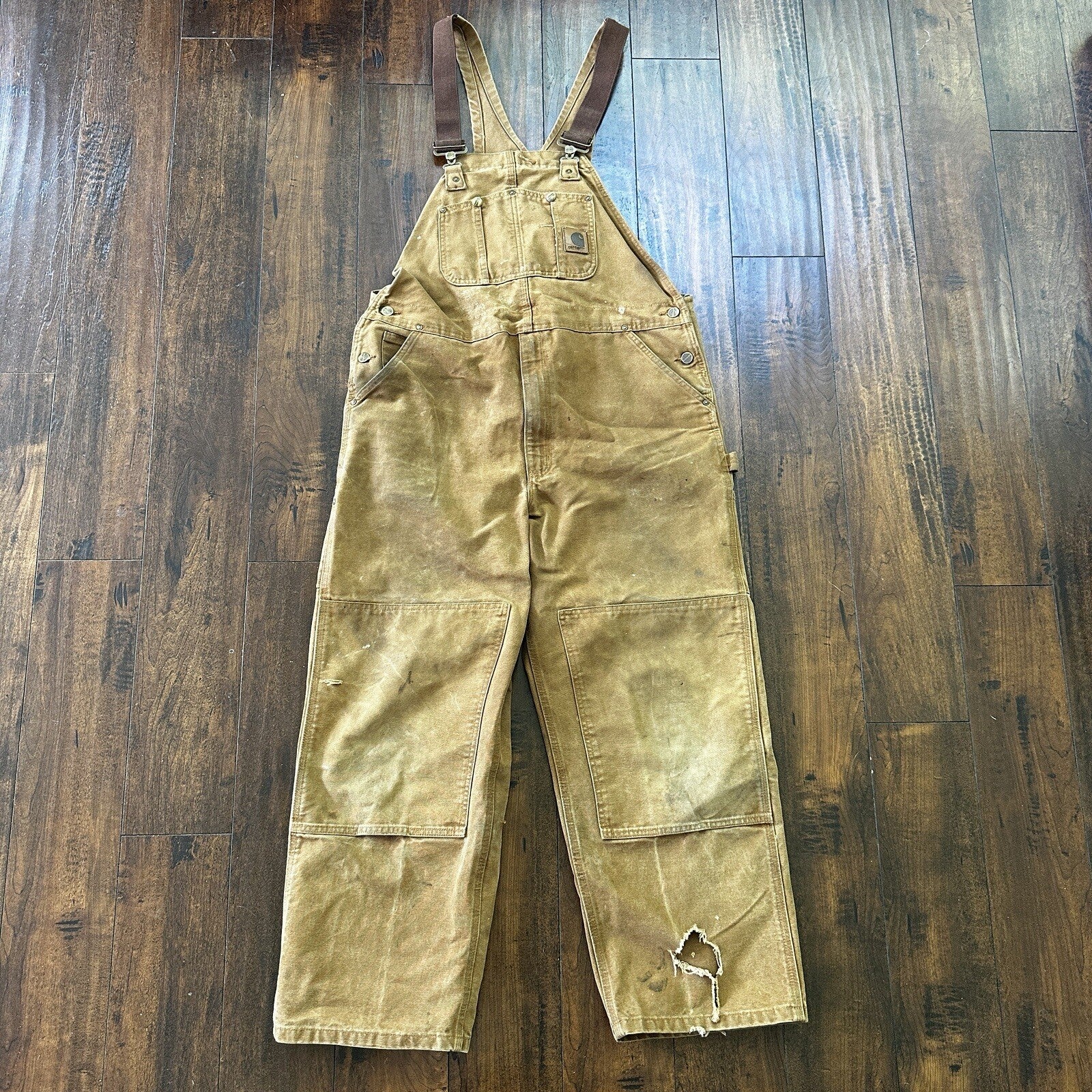 Carhartt DKB Double Knee Duck Unlined Bib Work Tan Brown Overalls 40x27 VTG