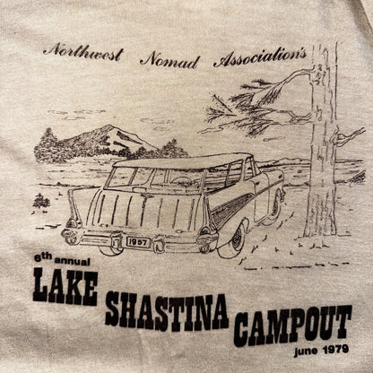 1979 Lake Shastina Campout June 70s Oregon VTG T Shirt Nomad Car Trees Nature