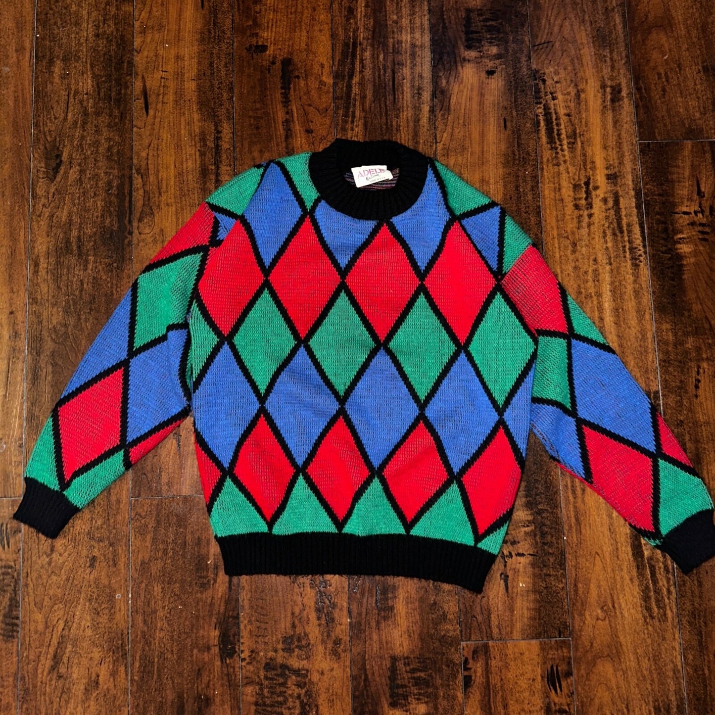 Vintage Adele Knitwear Sweater Abstract Diamond 80s Red USA 90s RARE Art