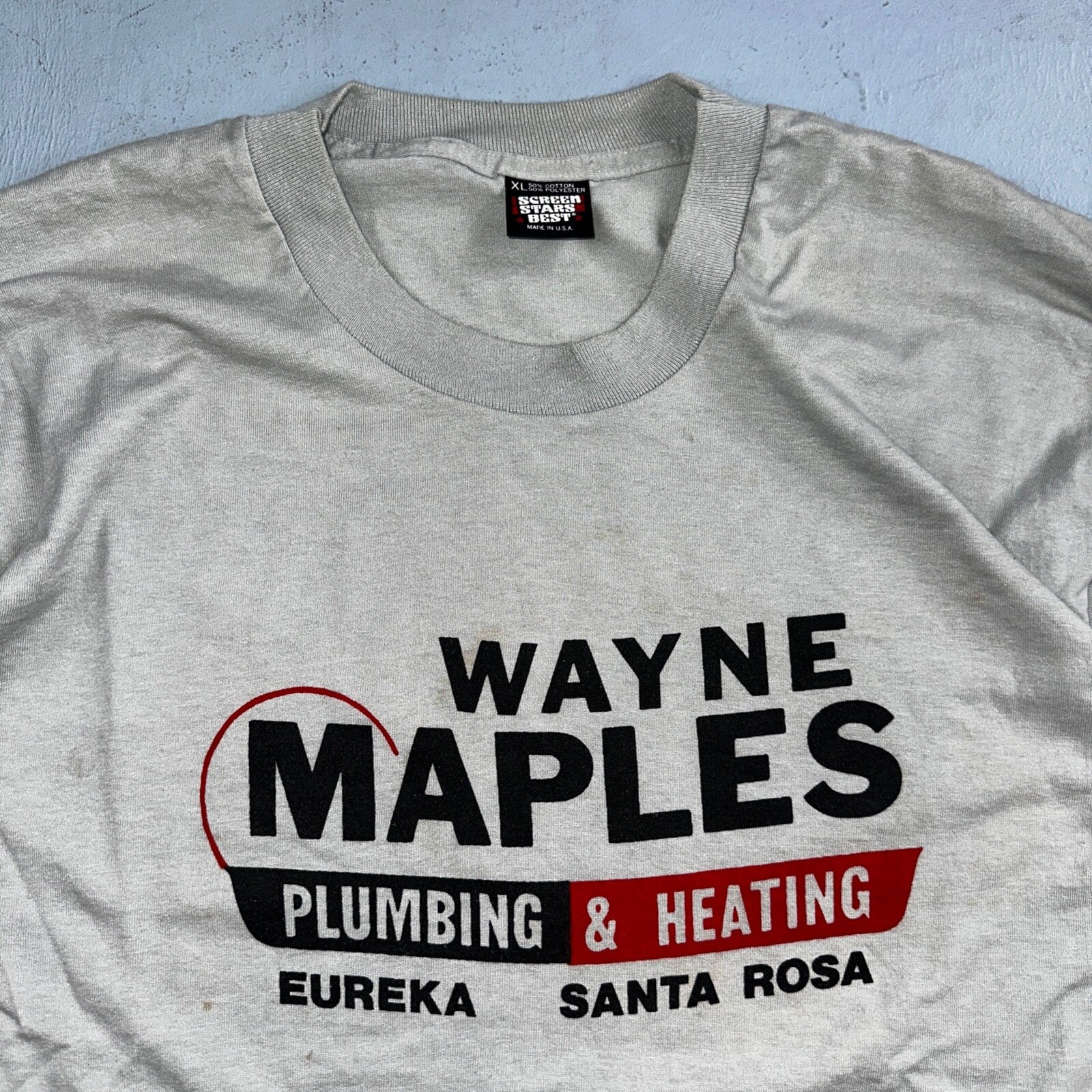 Graphic 90s Wayne Maples VTG T Shirt Plumbing Heating Santa Rosa XL Art Band