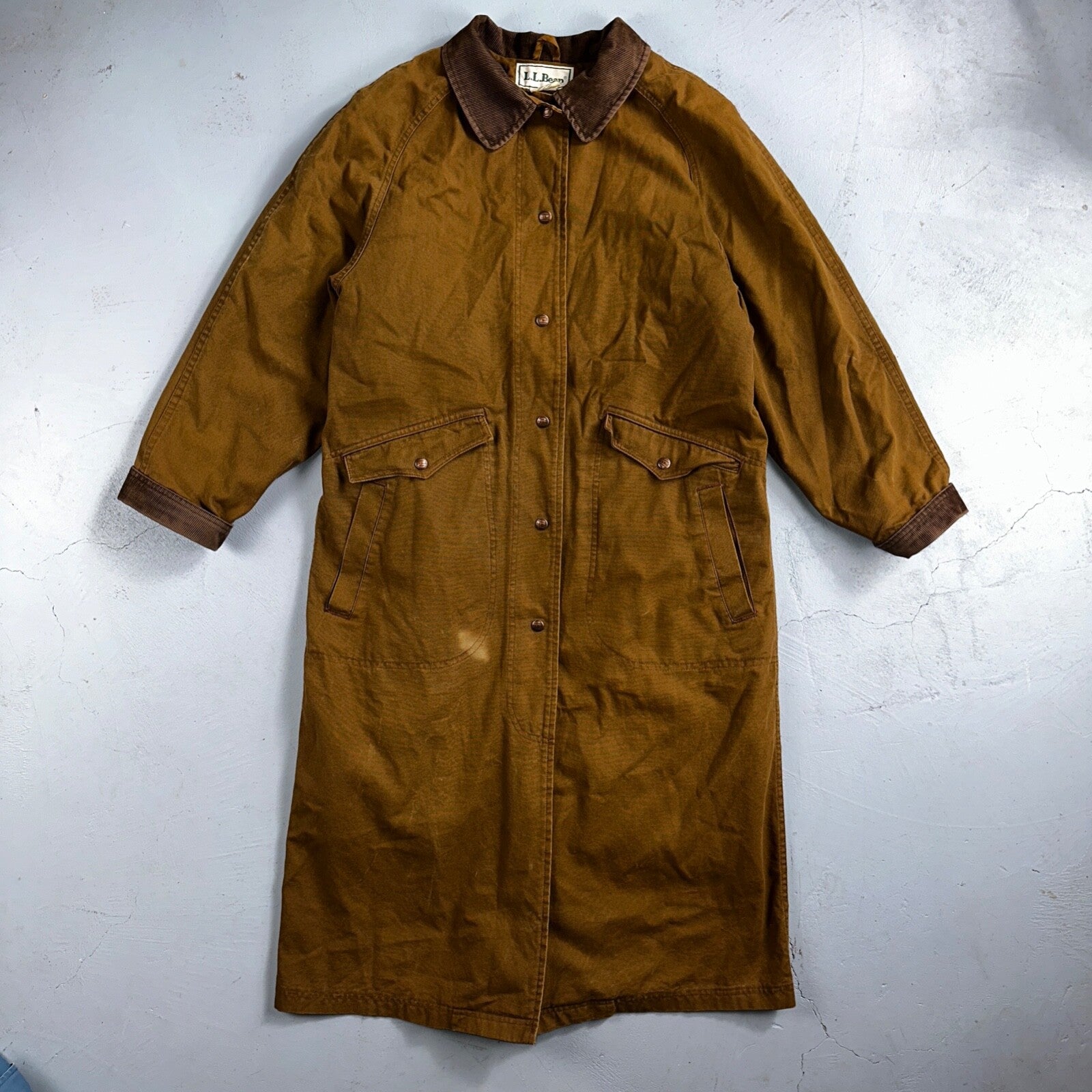 Vintage LL Bean Aztec Fleece Lined Womens Canvas Long Button Duster Coat M