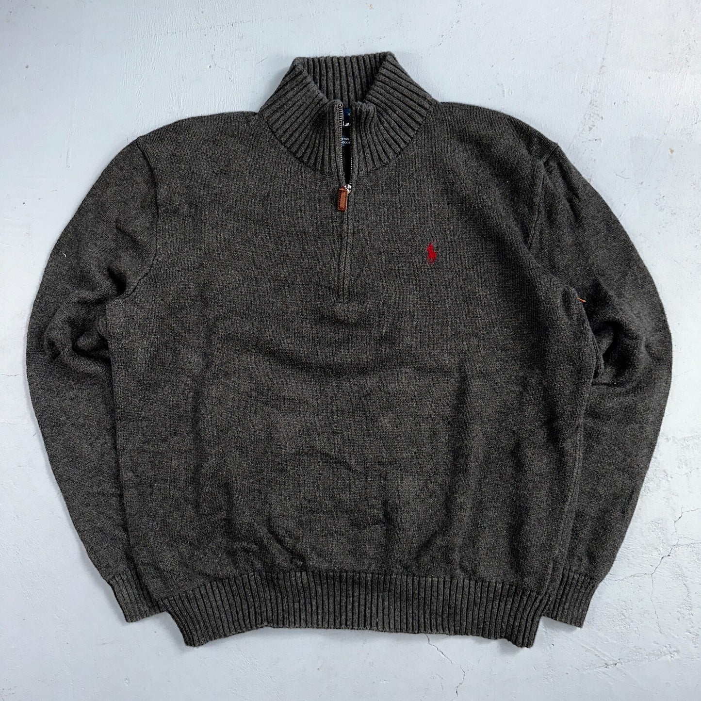 Polo Ralph Lauren Sweater VTG L Gray Cotton Long Sleeve Mock Neck Quarter Zip