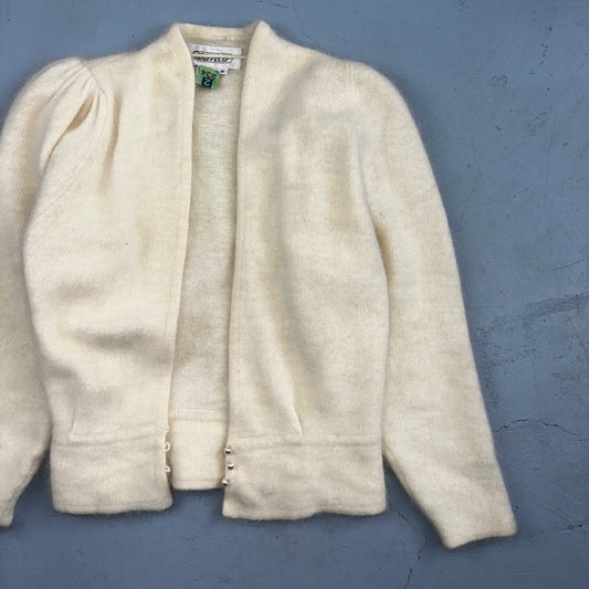 Sideffects Vtg Sweater Size M Cardigan Button Open Front Shag Loop Knit White