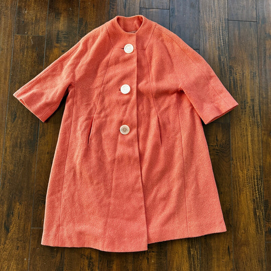 VTG 70s Overcoat Coat Pink Wool Union Made Pom Pom Northfield Rockabilly 1970s