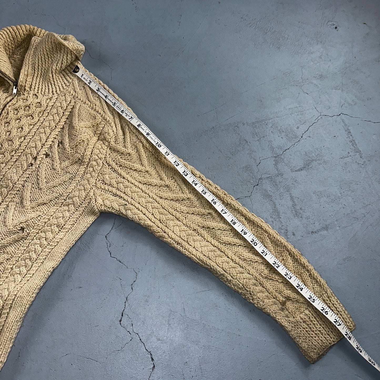 VTG Sweater Mens M Cream Cable Knit Ribbed Full Zip 1960s Rockabilly Ivory Rare