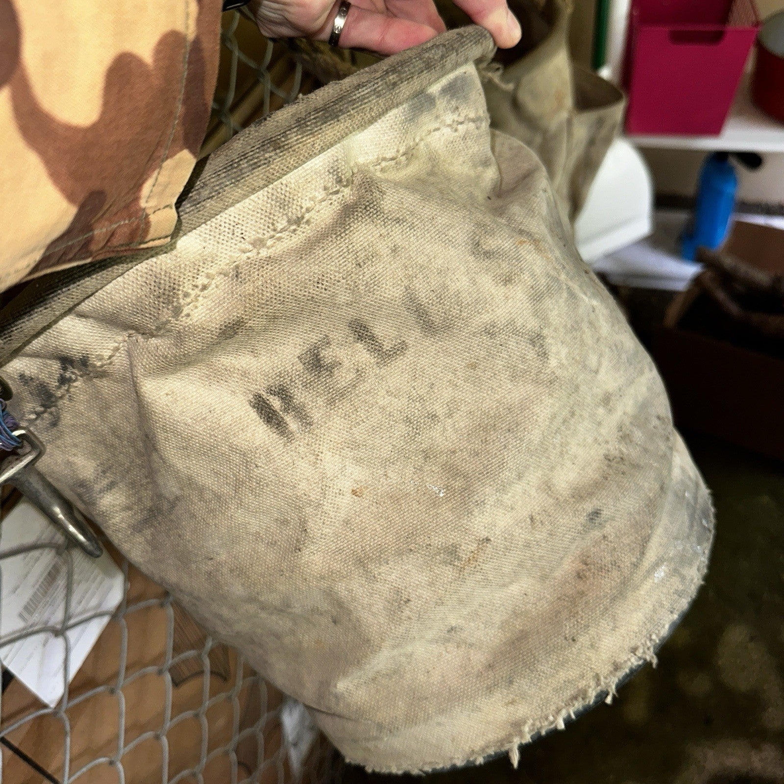 VTG Used Bell System Canvas Bucket Rope Lineman Tool Tote Barn Pulley Antique