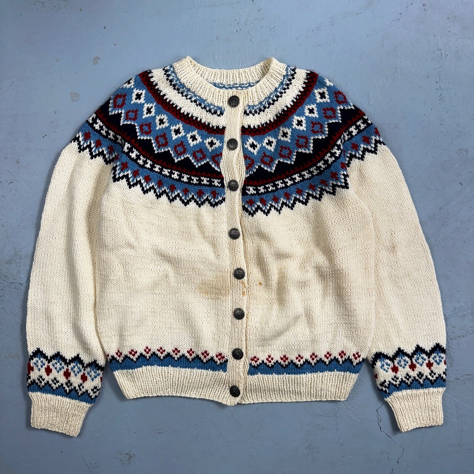 1960s VTG Boho Icelandic Knit Cardigan Large Ivory Red Wool Chunky Grandma Core