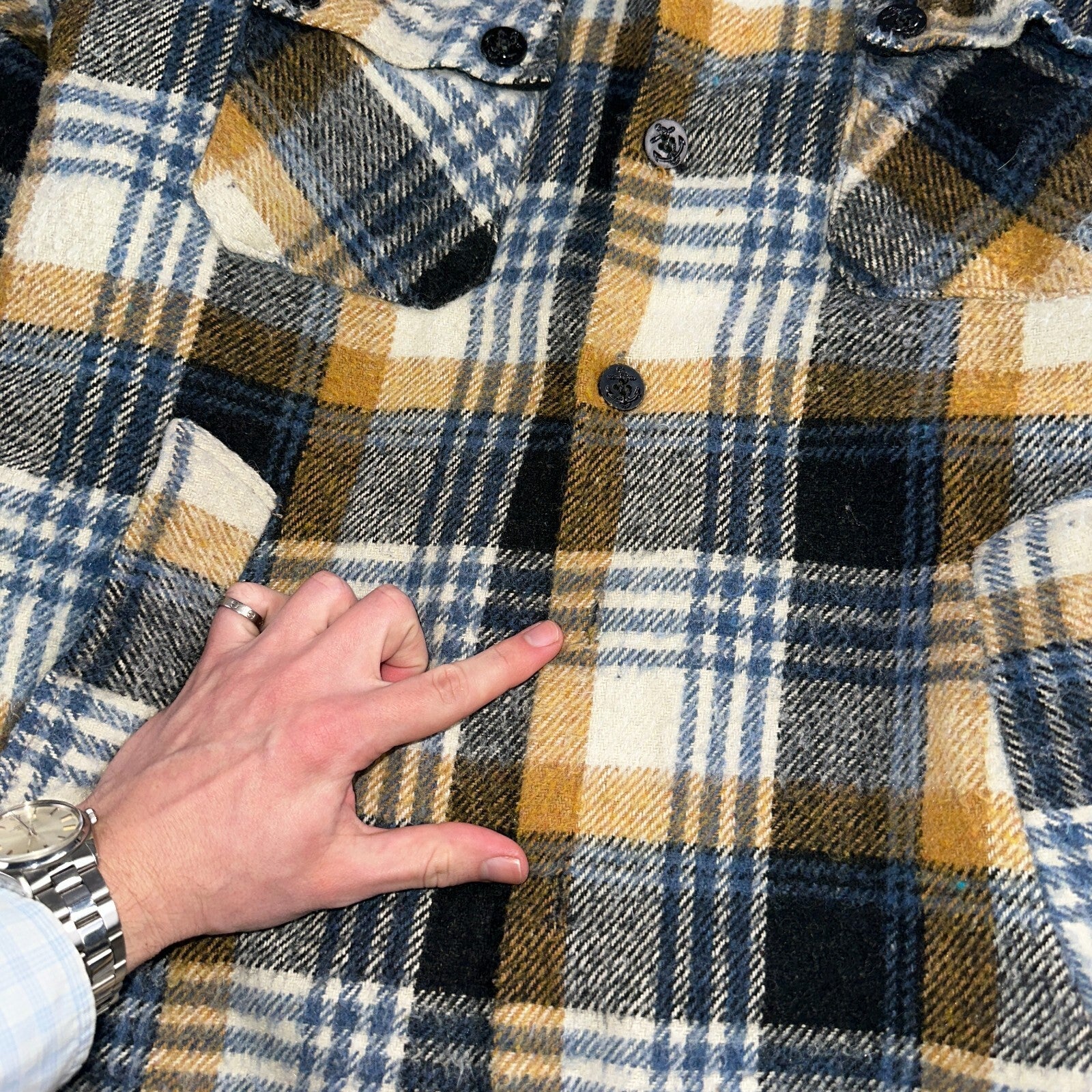 Vintage Triton 70s Sportswear Mens Black Plaid Wool Tartan Work Jacket Navy USN