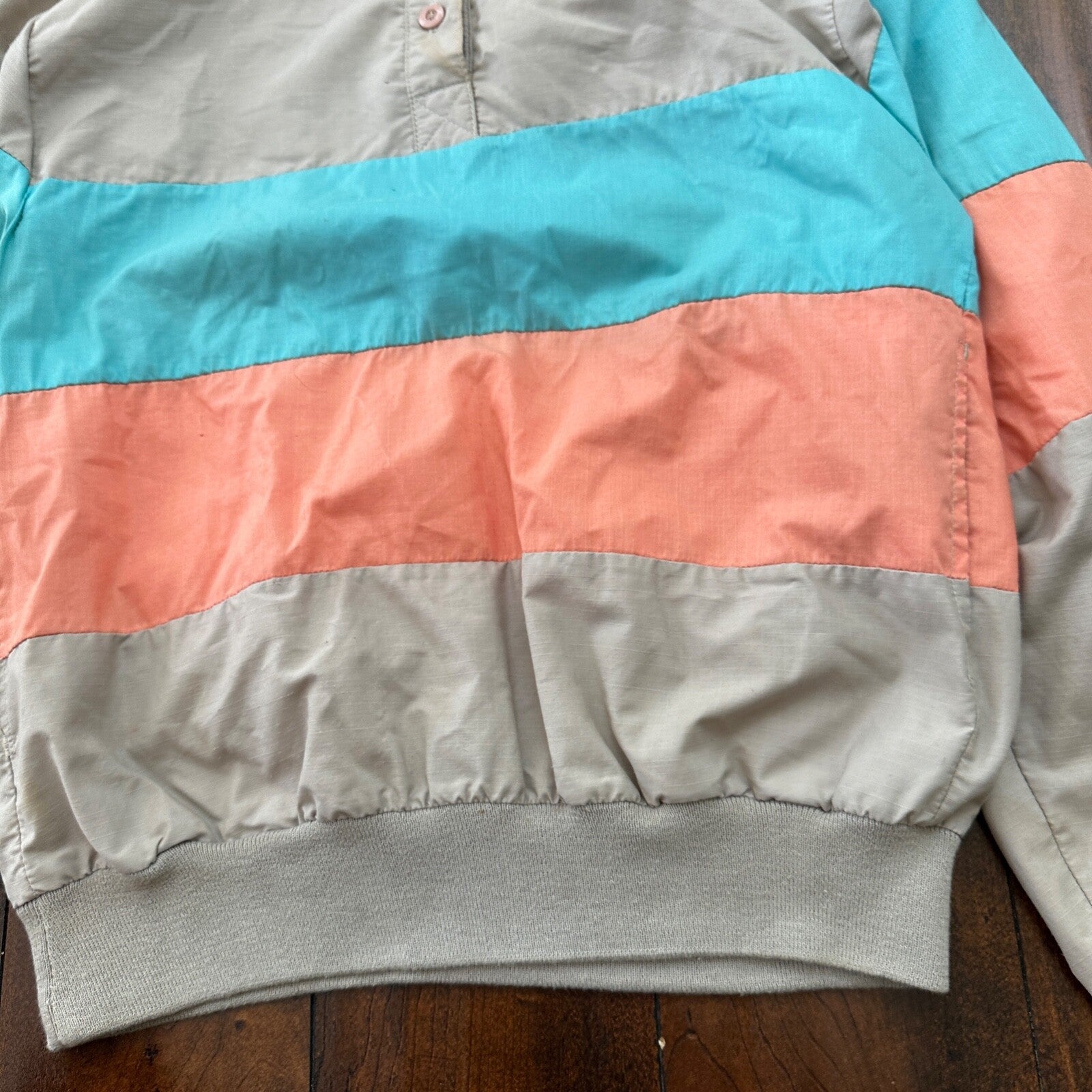 VTG 80s Duffel Pink Blue Strip Collared Pullover Windbreaker Womens L Colorblock