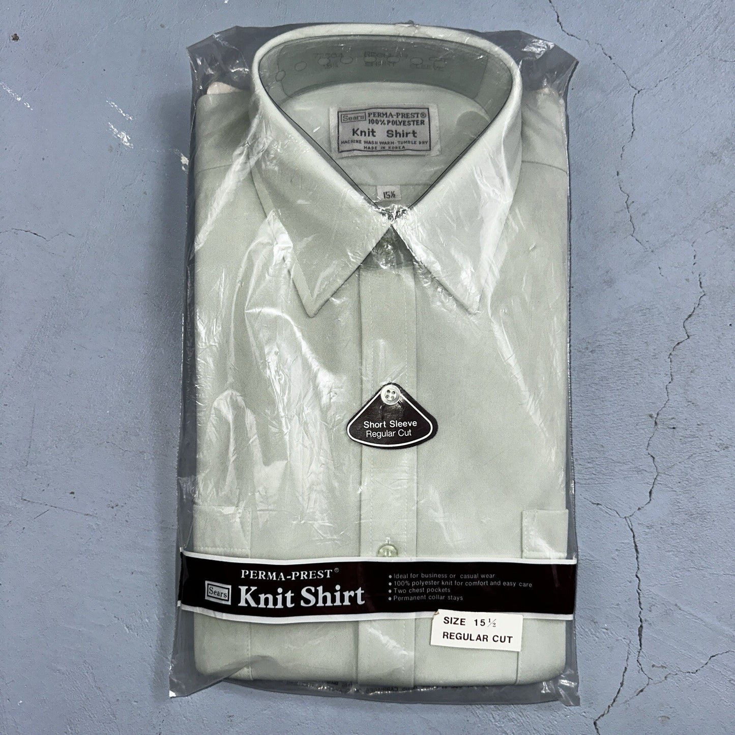 Vintage 1970's Sears Perma-Prest Green Dress Casual Knit Long Sleeve Polo Shirt