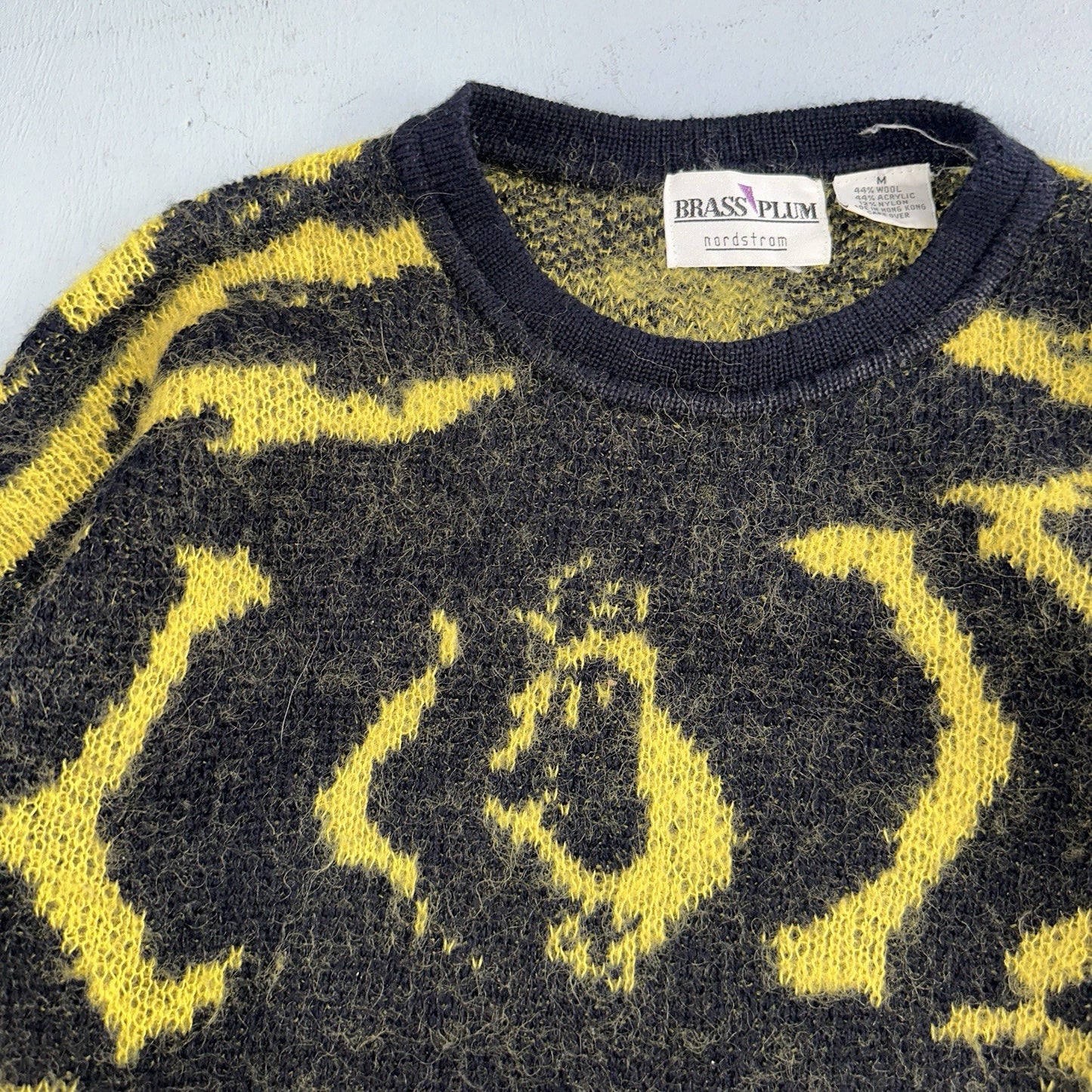 Vintage Nordstrom Brass Plum Nordic Yellow Black Wool Sweater M 80s Retro