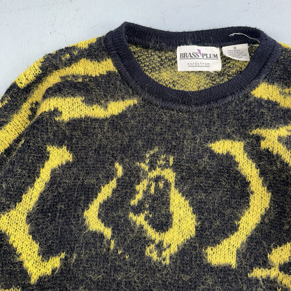 Vintage Nordstrom Brass Plum Nordic Yellow Black Wool Sweater M 80s Retro
