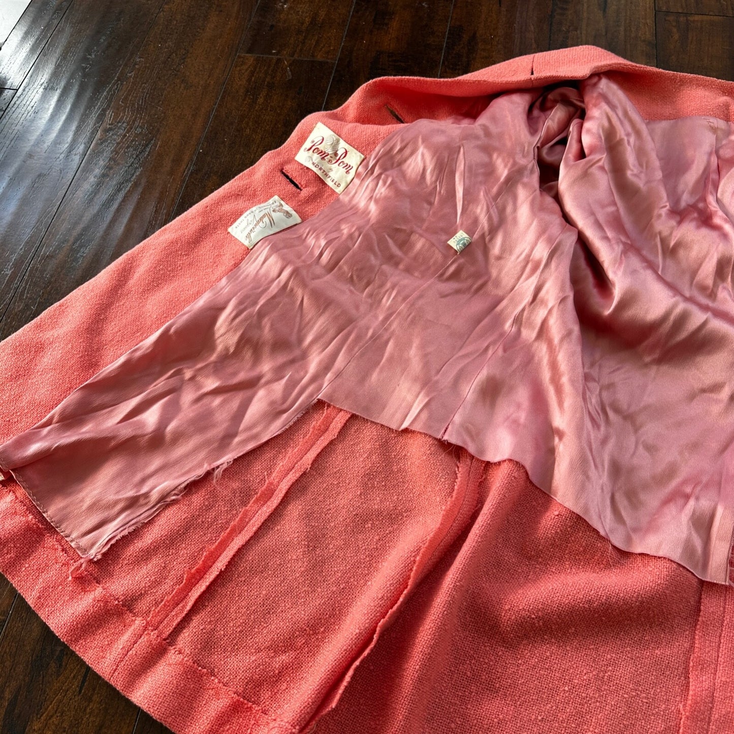 VTG 70s Overcoat Coat Pink Wool Union Made Pom Pom Northfield Rockabilly 1970s