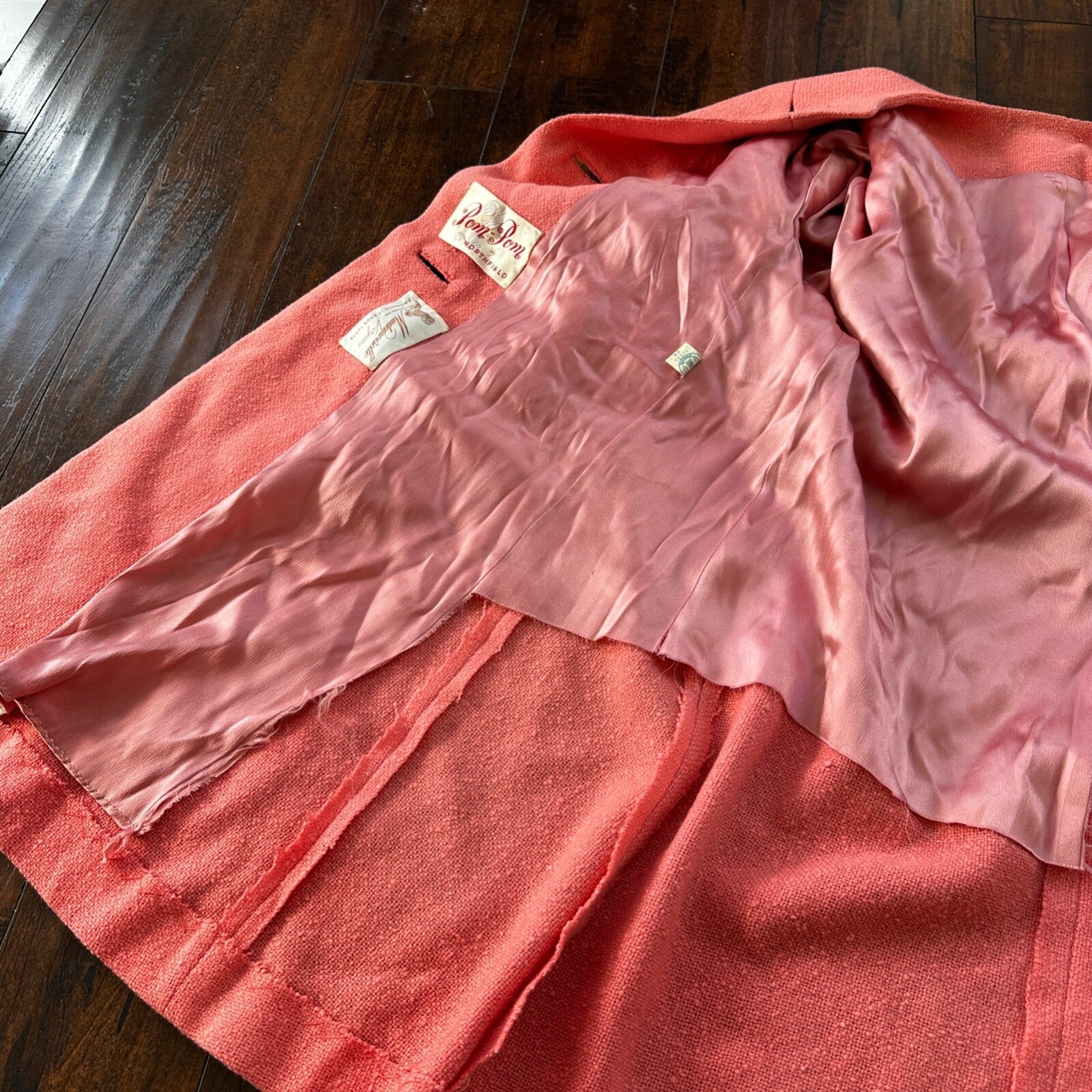 VTG 70s Overcoat Coat Pink Wool Union Made Pom Pom Northfield Rockabilly 1970s