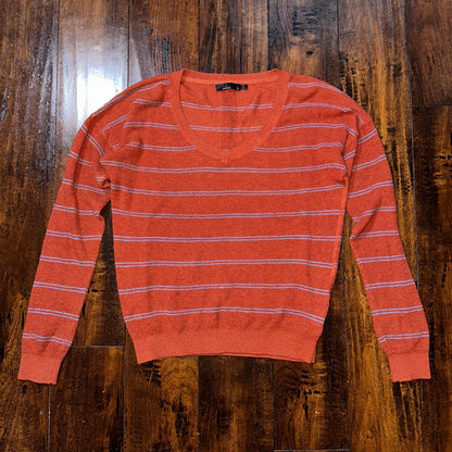 Prana Women Size Small Crew Neck Stripe Long Sleeve T-shirt V Neck Orange