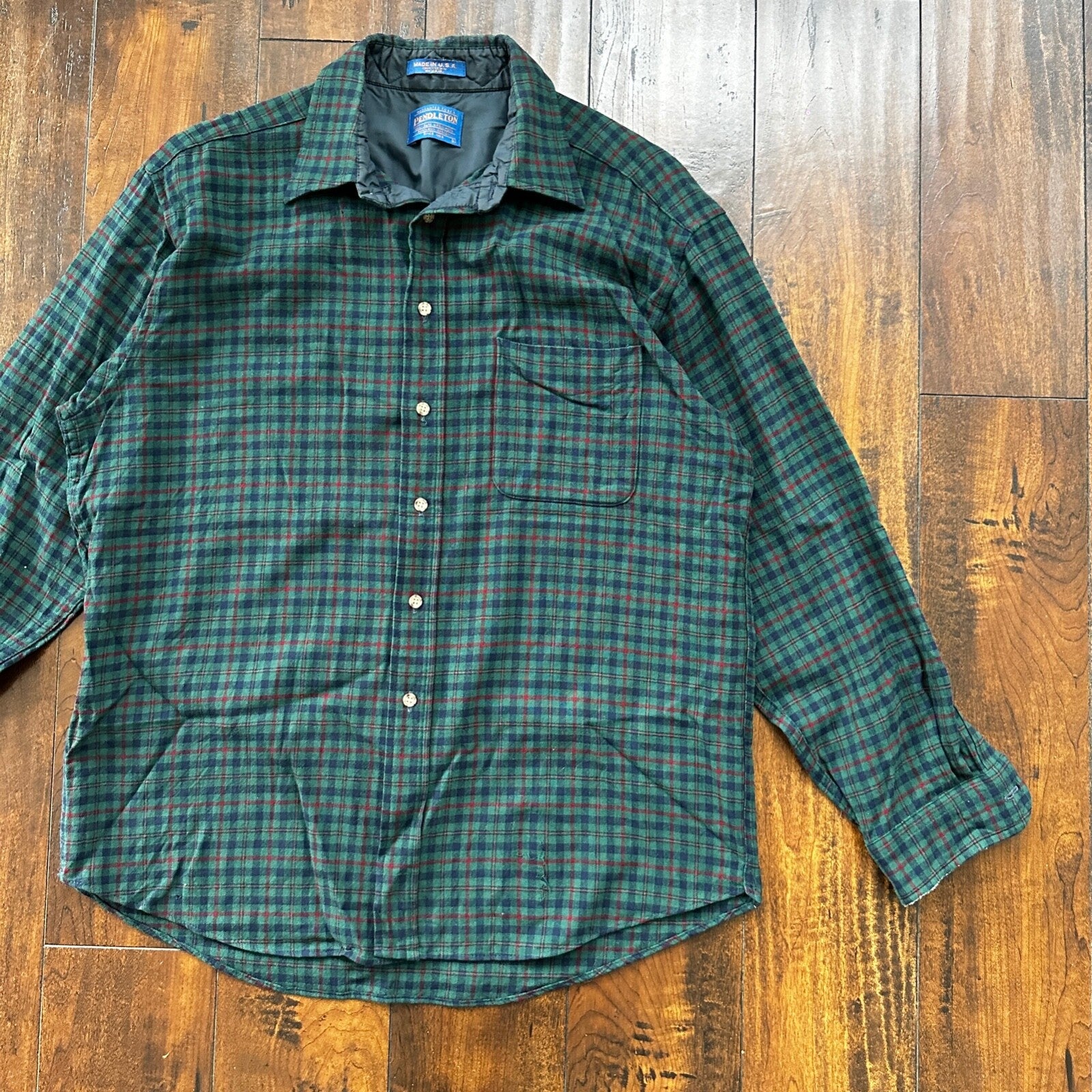 VTG Pendleton Mens Virgin Wool Button Up Shirt Plaid Size L Made in USA Big Hole
