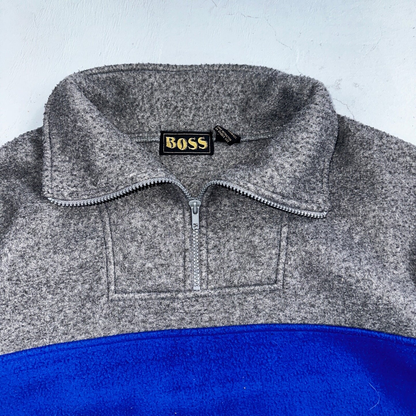 Boss 90s Quarter Zip Fleece Sweater Sweatshirt Jumper Grey Blue 1990s VTG Cool