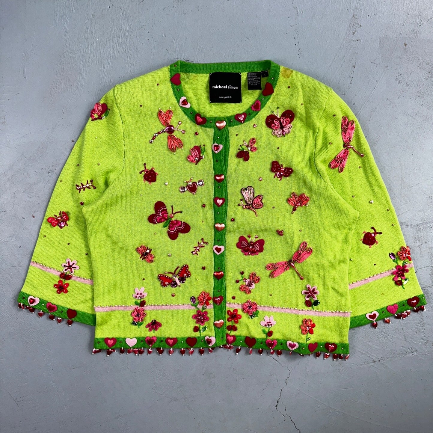 Michael Simon VTG 2000 Dragonfly Hearts Cardigan Sweater Green Valentines Day