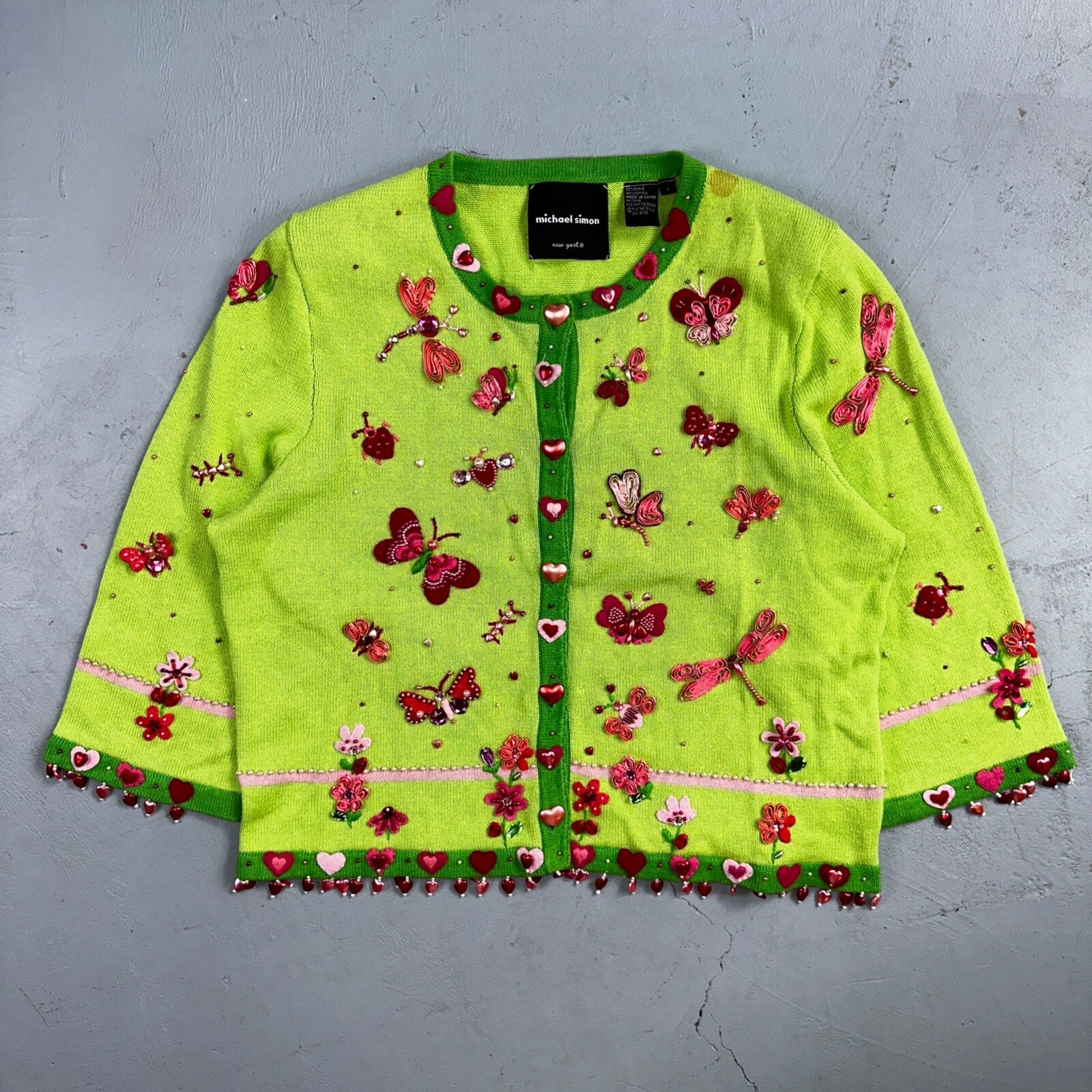 Michael Simon VTG 2000 Dragonfly Hearts Cardigan Sweater Green Valentines Day