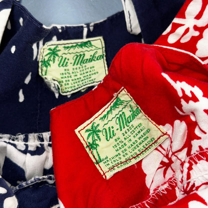 Vintage 60's Ui-Maikai Barkcloth Red and Blue Hawaiian Dress Lot Needs Repairs