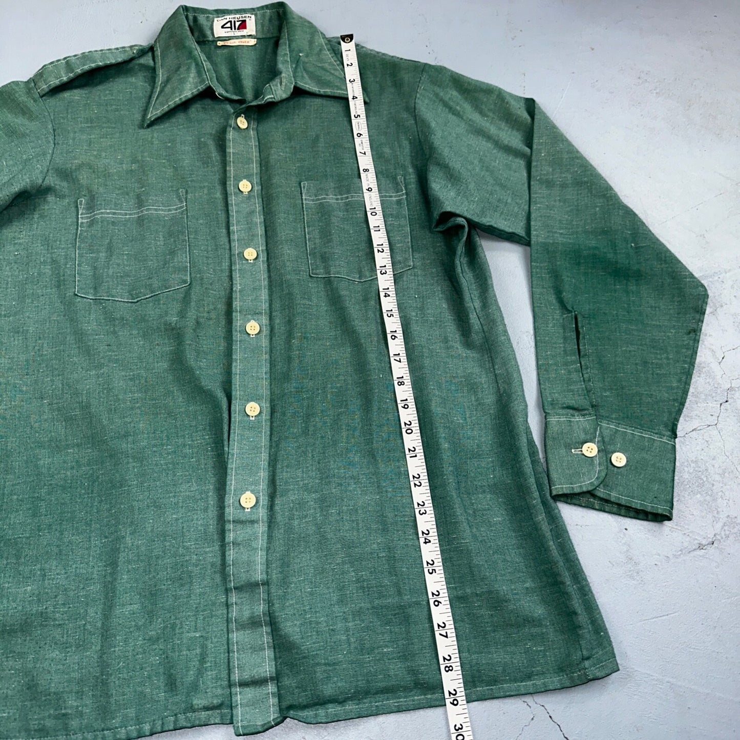 Vintage Van Huesen 417 Men's Long Sleeve Green Shirt Button Down Vanopress 70s