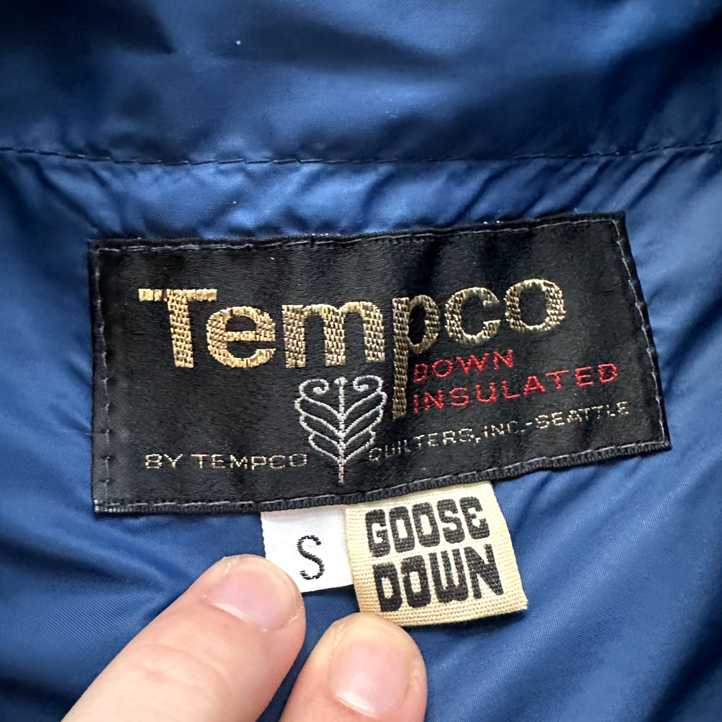 Vintage Tempco Goose Down Puffer Coat Mens S Blue Insulated Hooded Jacket