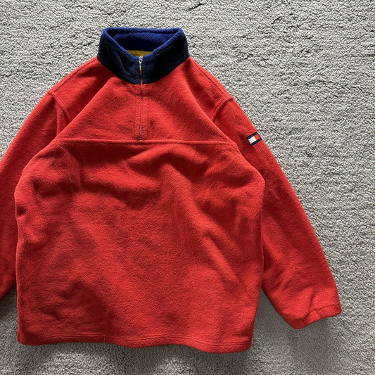 Tommy Hilfiger Logo Quarter Zip Fleece Vintage Red Pullover Jacket 80s 90s Rare