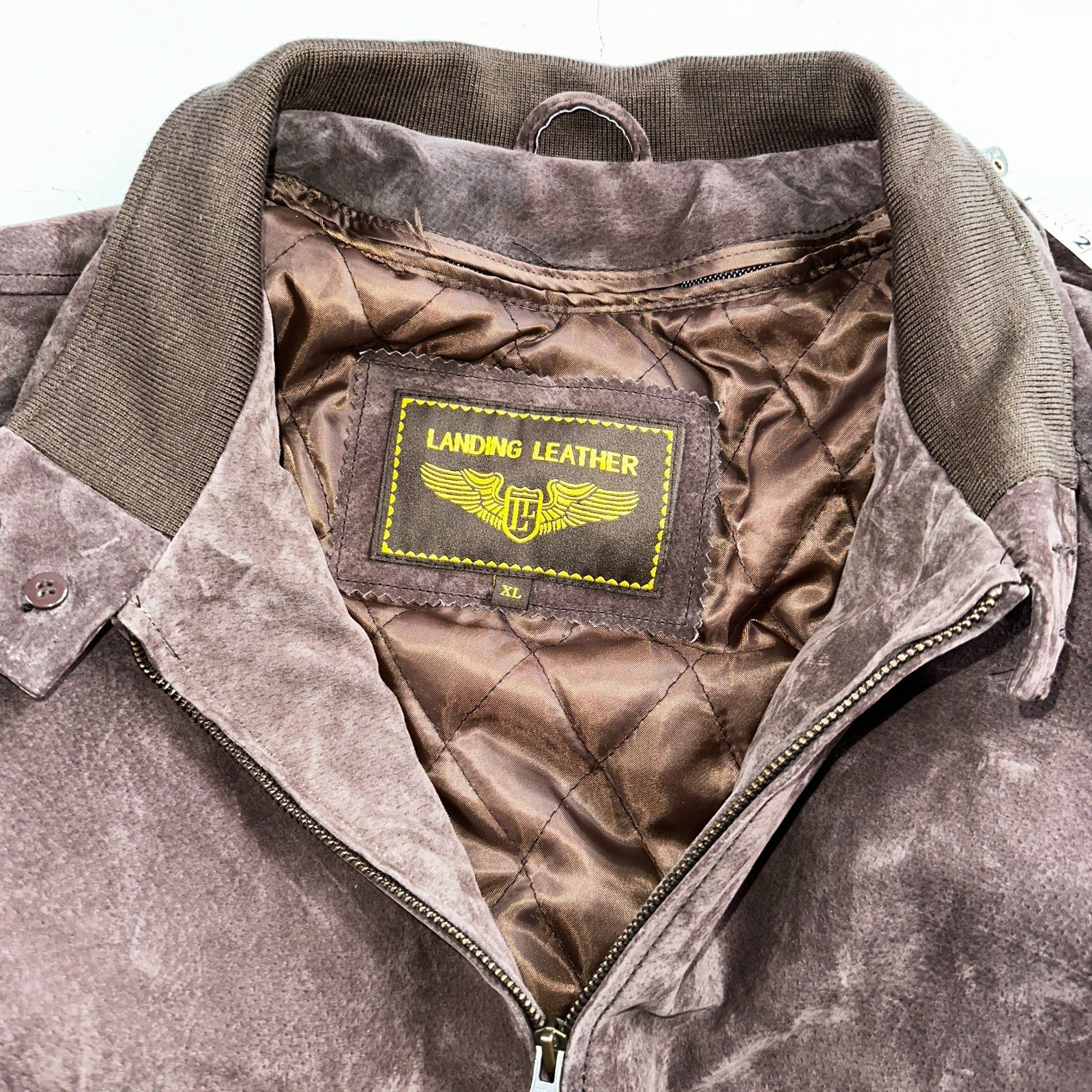 Vintage 90s Suede Leather Brown Bomber Jacket XL Retro Aviator Landing Leather