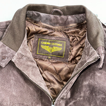 Vintage 90s Suede Leather Brown Bomber Jacket XL Retro Aviator Landing Leather