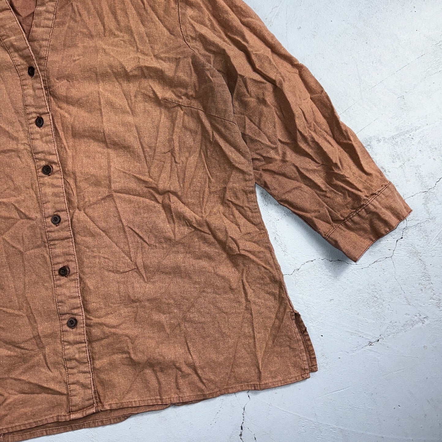 E-COL-O-GIE Womens Large Brown Linen Button Up Shirt Large Cotton VTG Y2K