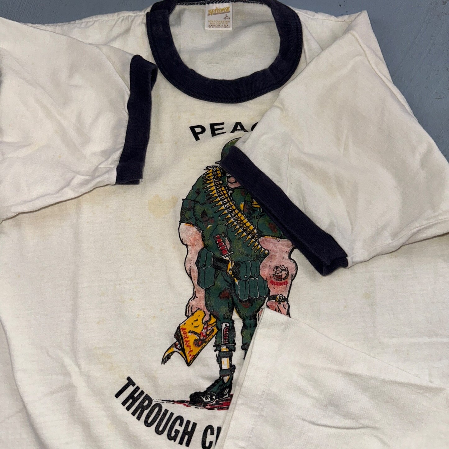 1970s Army Peace Through Combat Soldier VTG T Shirt 70s Playboy Ringer Graphic