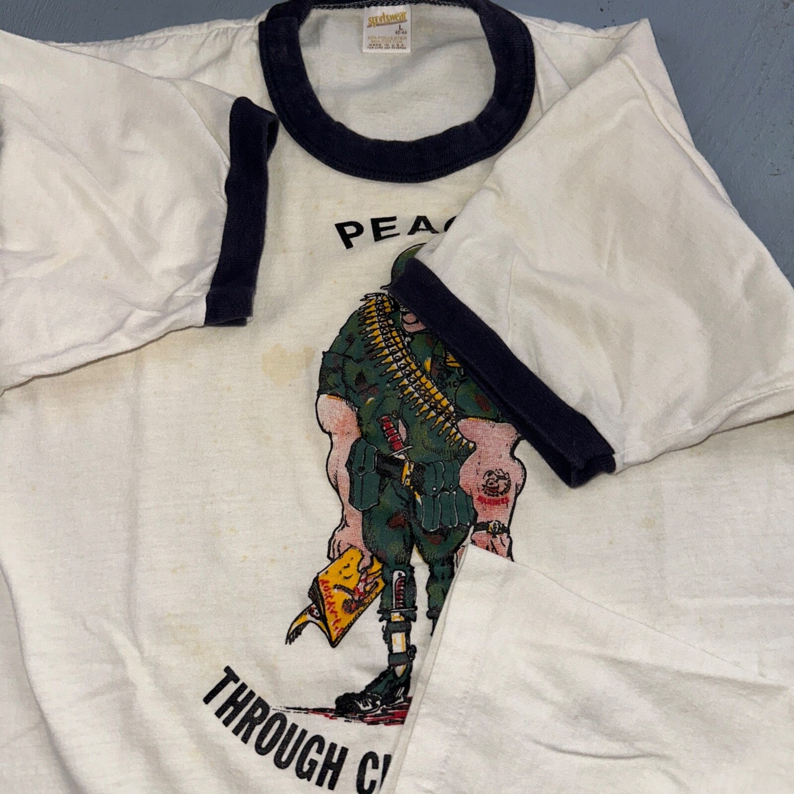 1970s Army Peace Through Combat Soldier VTG T Shirt 70s Playboy Ringer Graphic