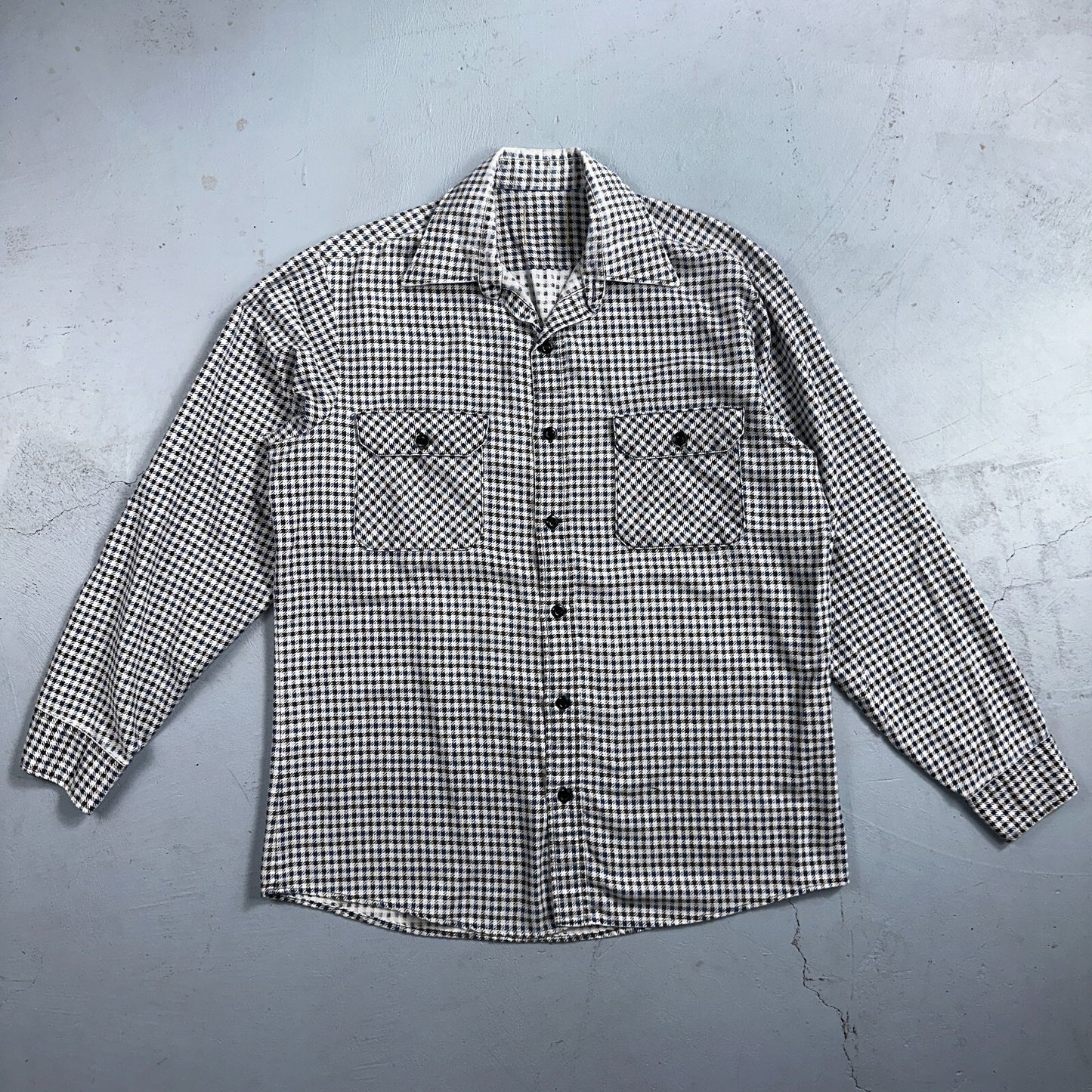 1970s Plaid Long Sleeve Striped Button Down Shirt 60s 70s Rockabilly Checker